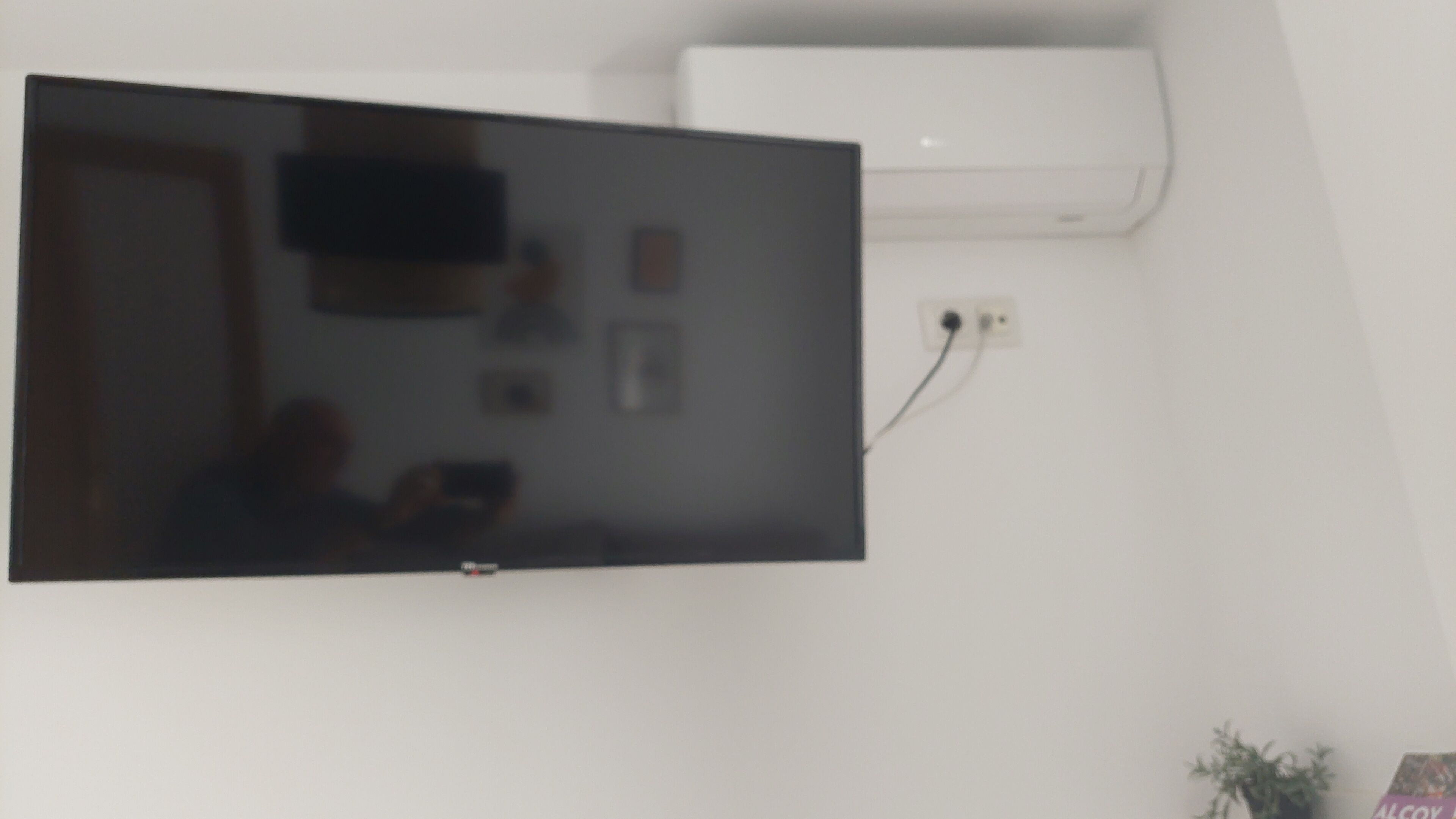 A flat-screen TV mounted on a white wall, a power outlet, and a potted plant.