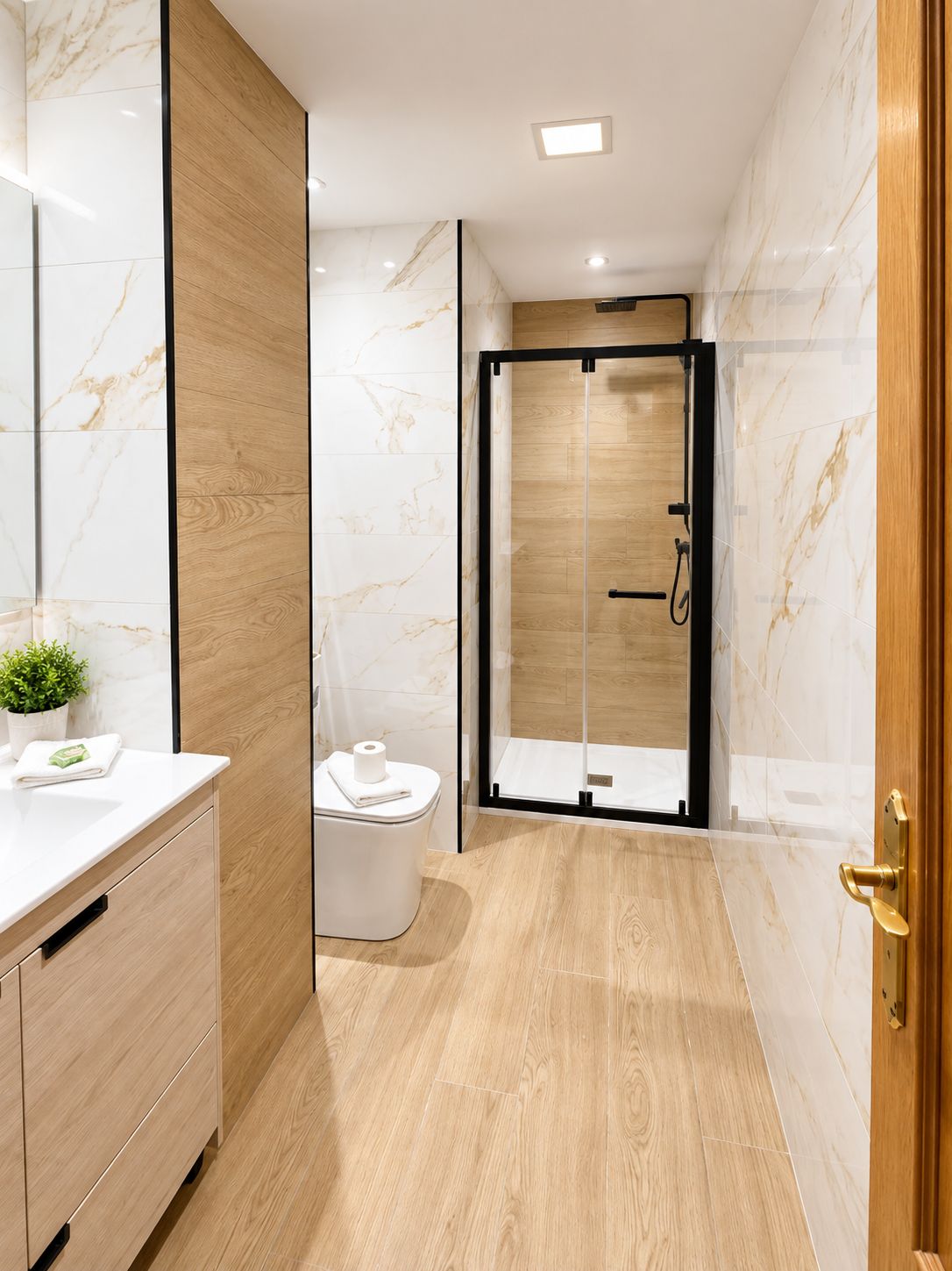 Een moderne badkamer met een douche, toilet en wastafel.