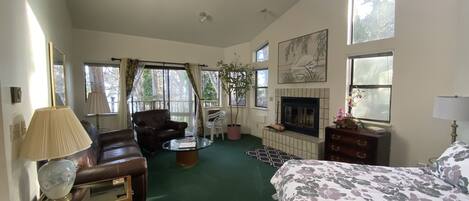 Una habitación amplia con una cama grande, un sofá de cuero, una mesita de café y una chimenea.