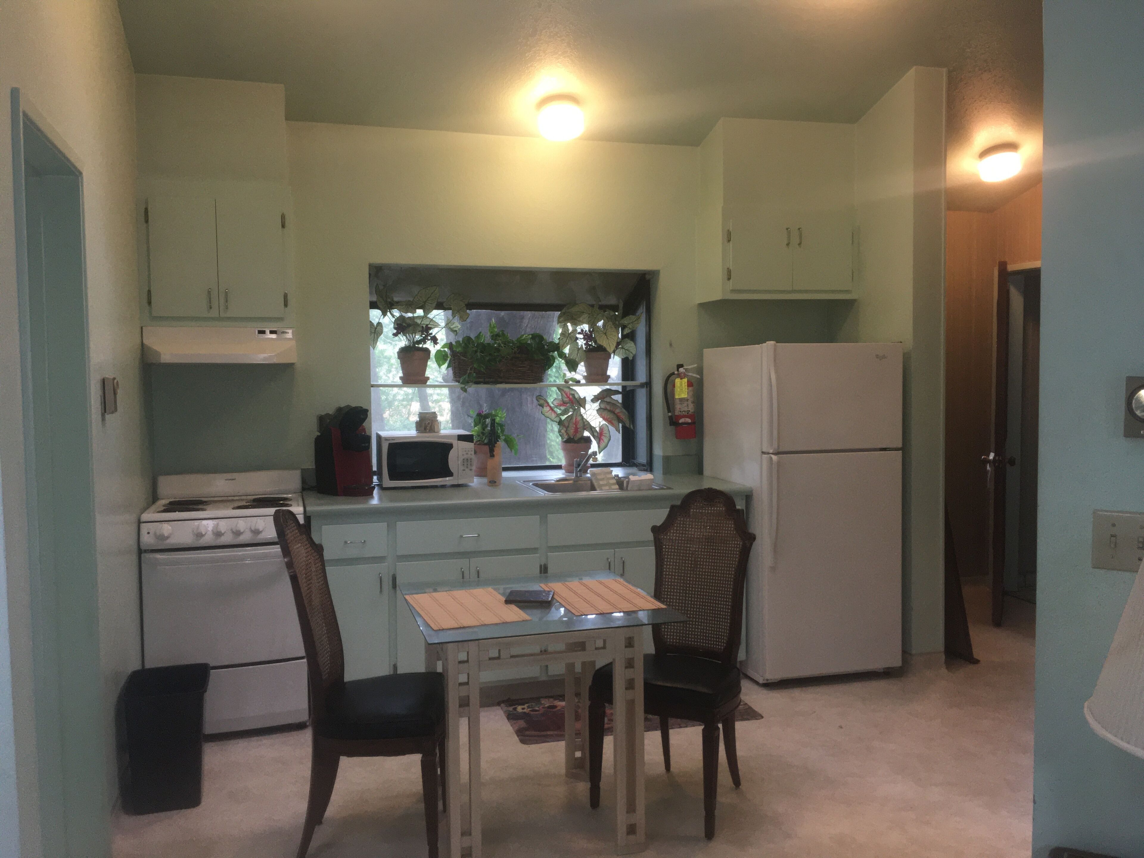 A compact kitchen with a stove, microwave, refrigerator, and a dining table with chairs.