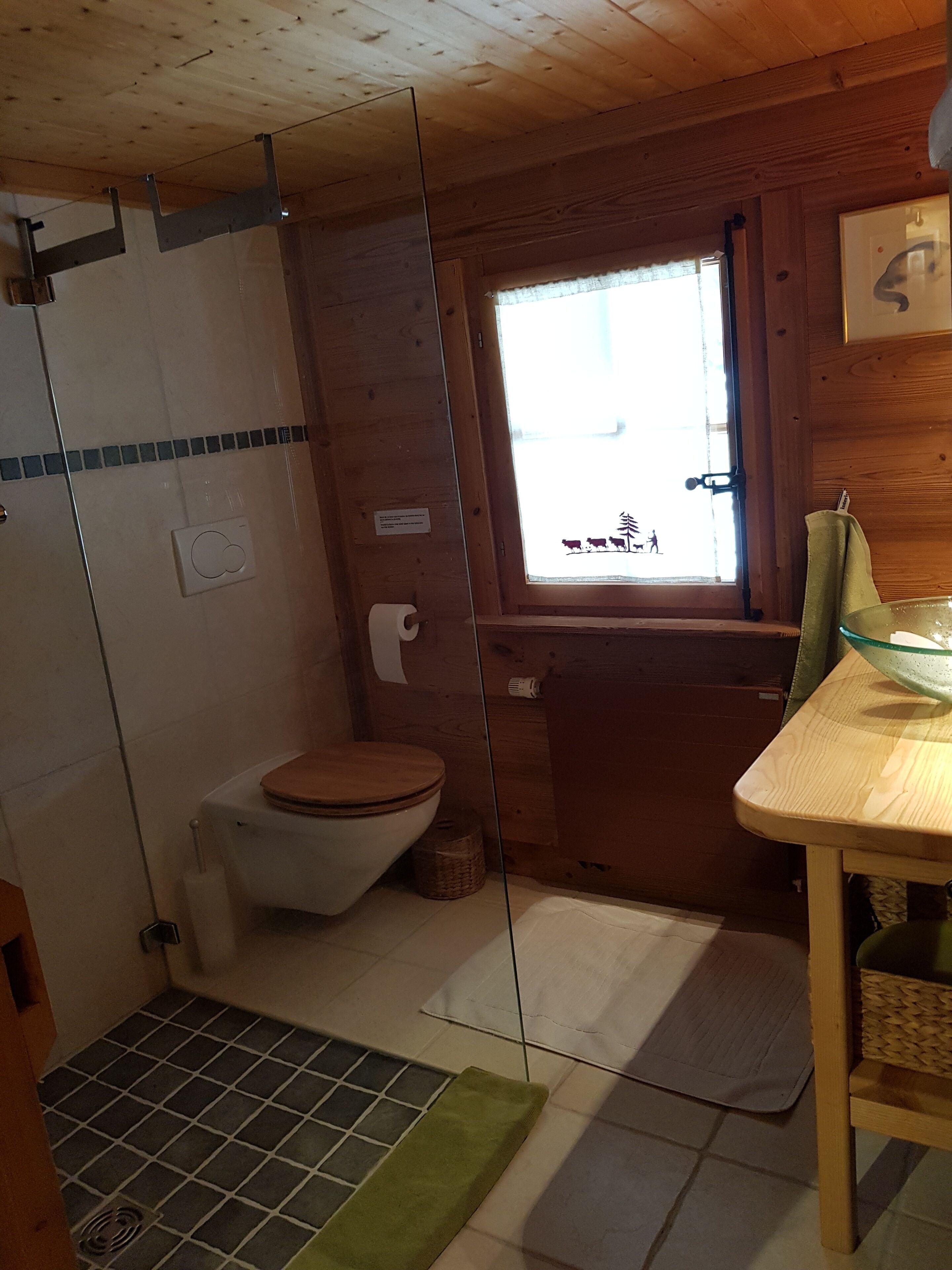 Shower, hair dryer, towels, shampoo