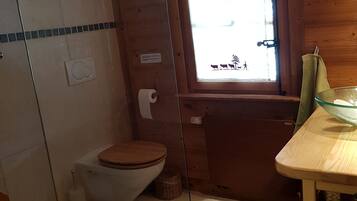 Shower, hair dryer, towels, shampoo