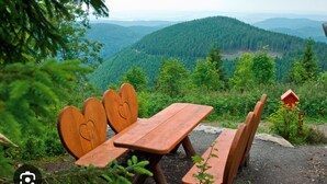 Mesa de piquenique de madeira com bancos, rodeada por vegetação exuberante e uma montanha arborizada ao fundo.