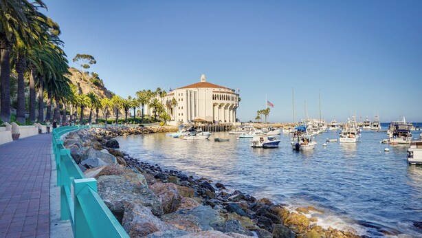 A waterfront building with a red roof, surrounded by a rocky shoreline and palm trees. - Avalon Cottage < Half-mi to Beaches & Crescent Ave (Avalon)