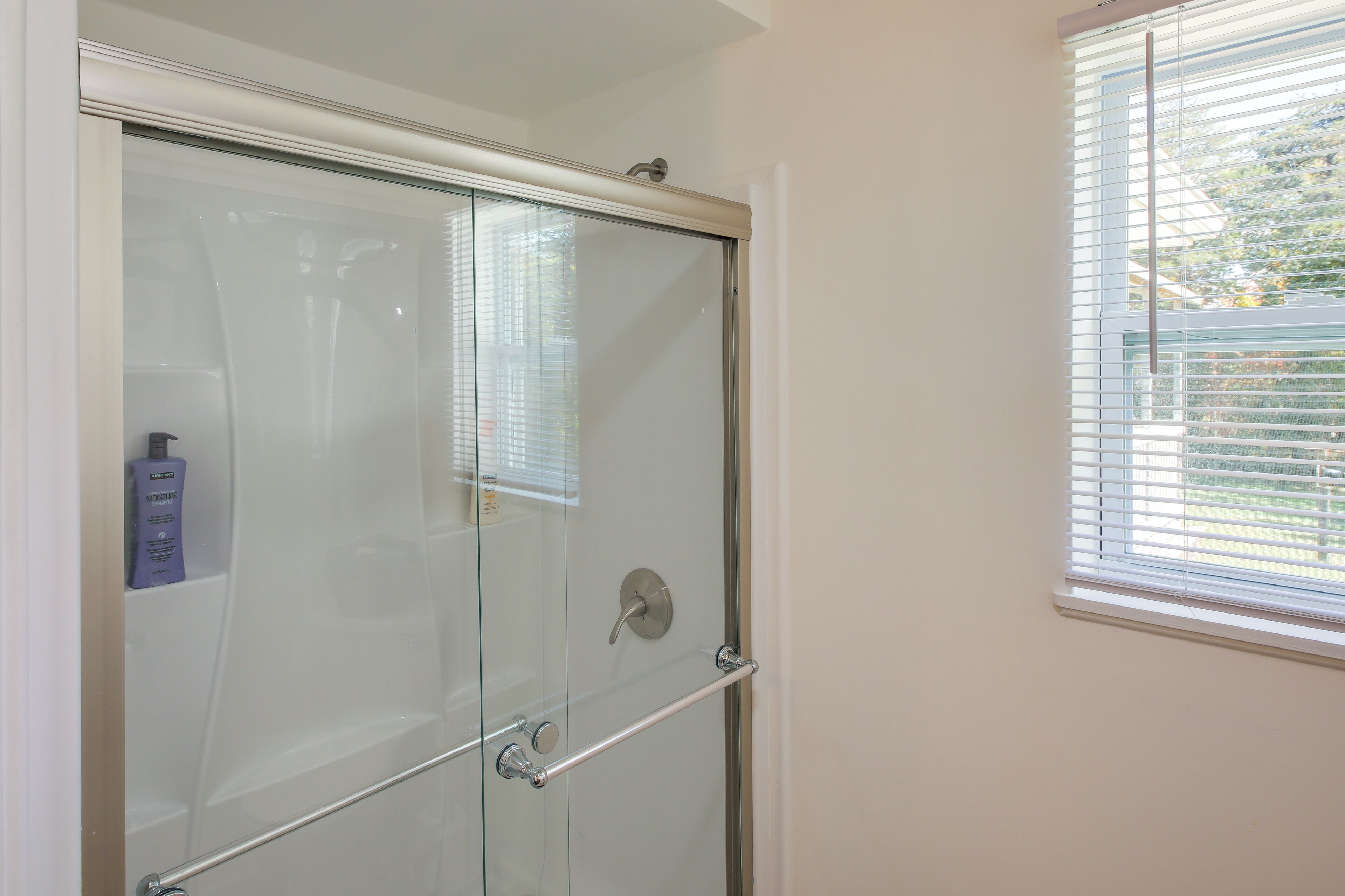 Eine gläserne Dusche mit Handlauf, ein Fenster mit Jalousien und eine Shampoo-Flasche an der Wand.