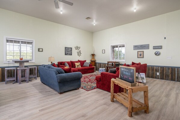 Ping pong, books, computer monitors