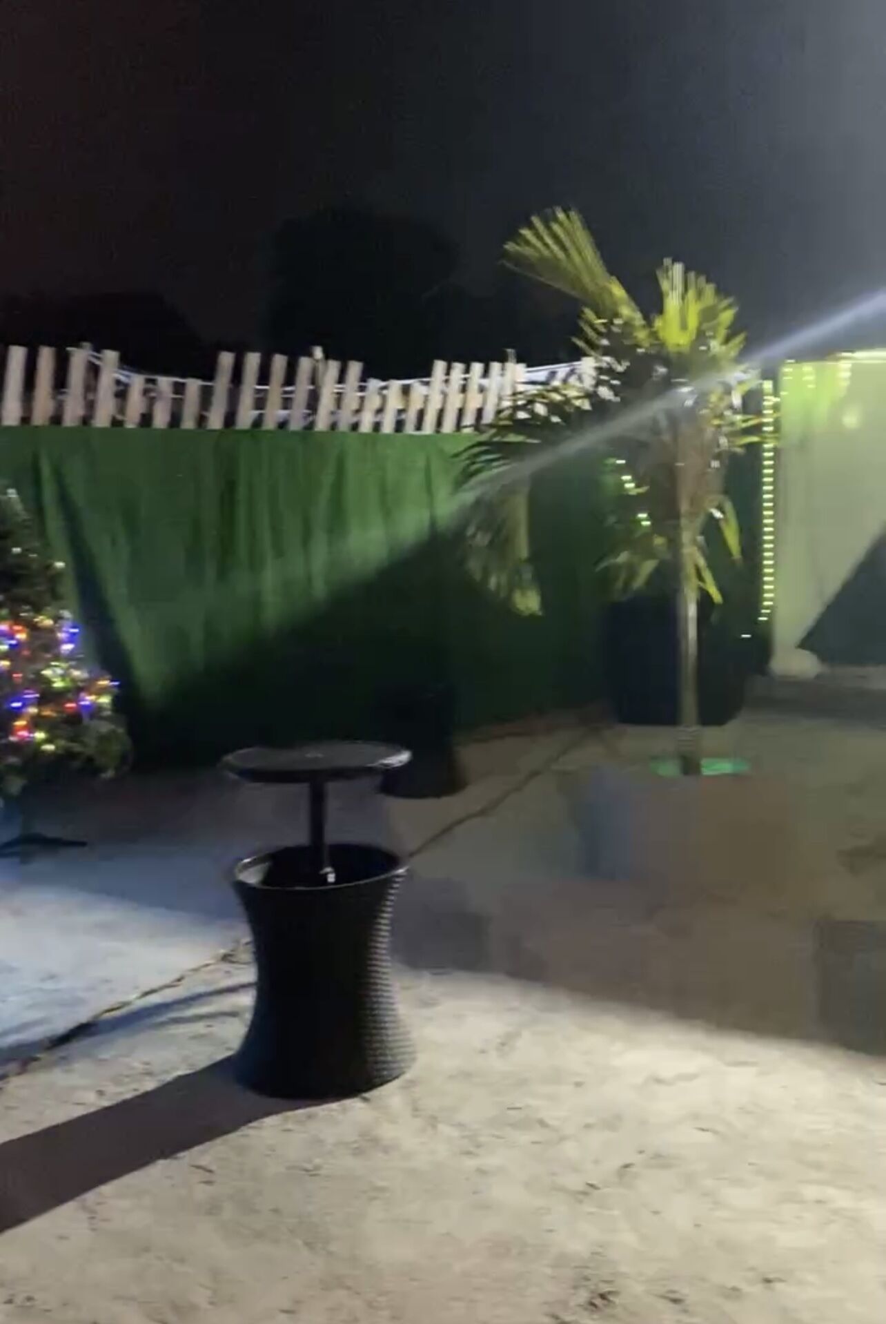 A patio area with a table and chairs, a trash bin, a wooden fence, and a green backdrop.