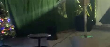 A patio area with a table and chairs, a trash bin, a wooden fence, and a green backdrop.