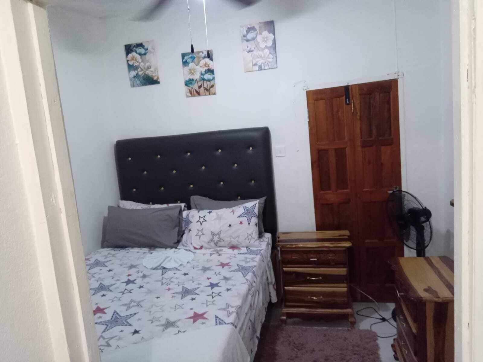 A bedroom with a bed, a wooden dresser, a nightstand, and a wooden door.