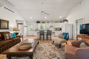 Smart TV, fireplace, books