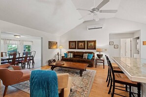 Smart TV, fireplace, books