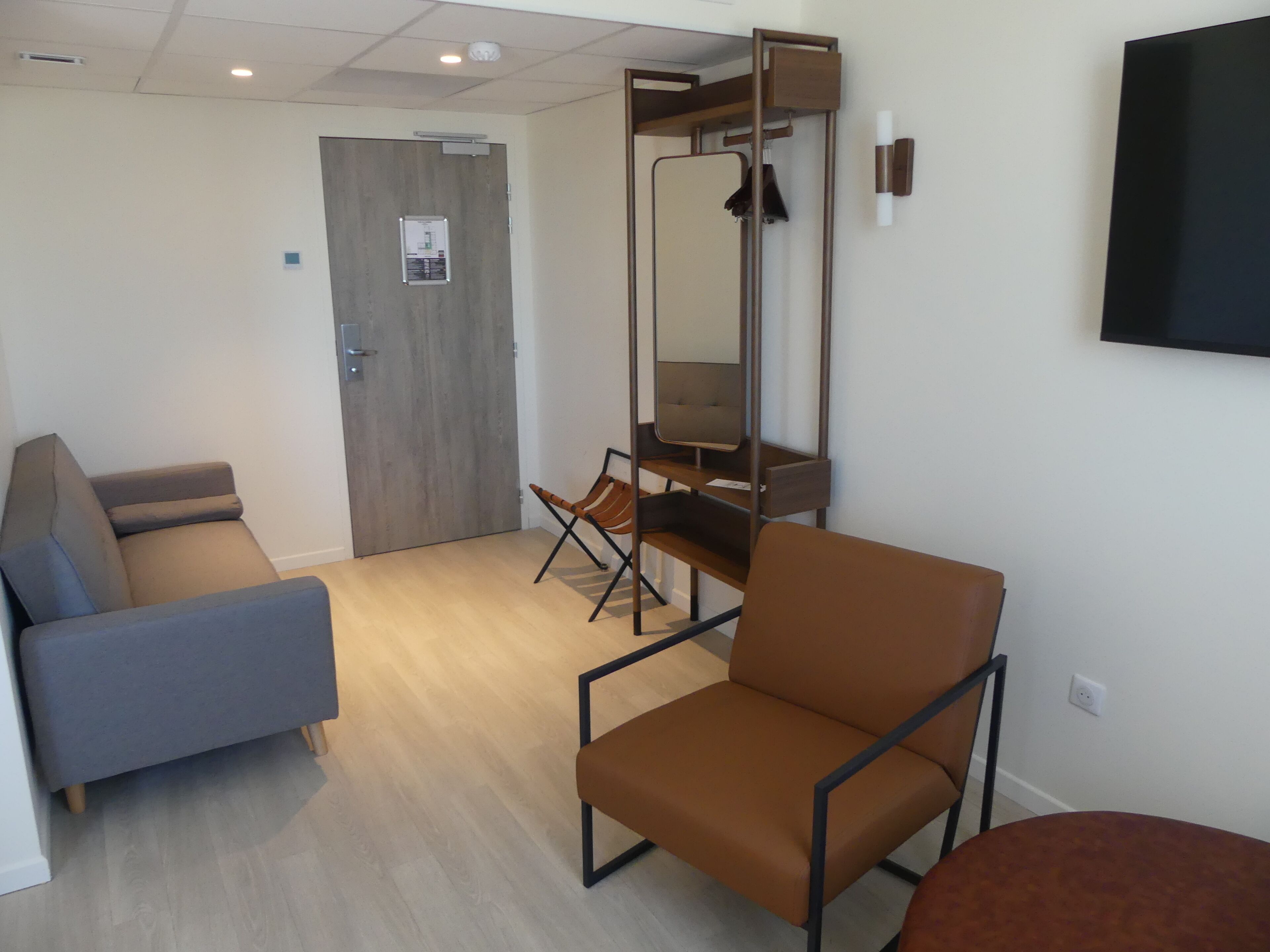 A room with a grey sofa, a brown chair, a wooden door, and a mirror on the wall.