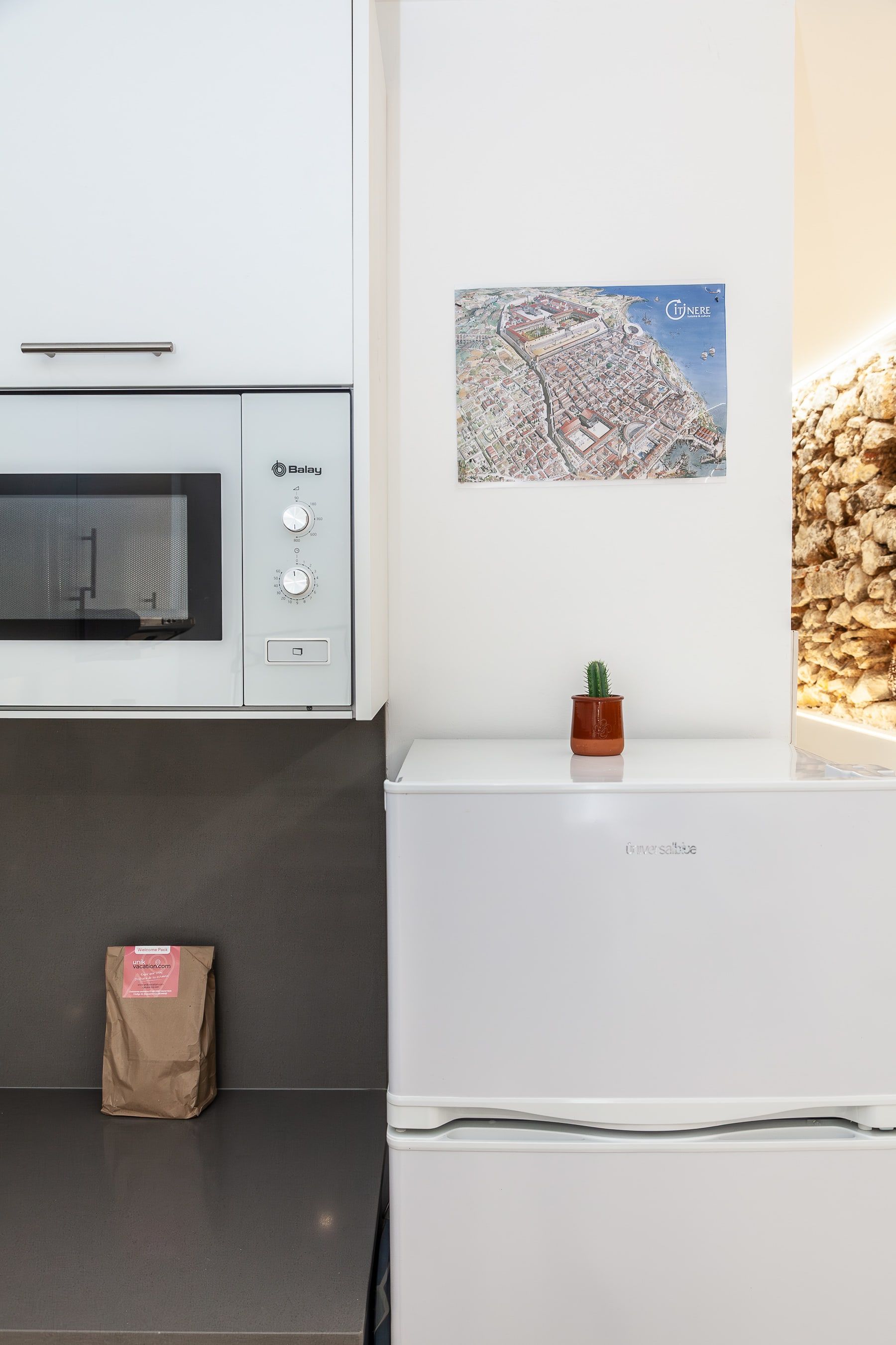 A kitchenette with a built-in oven, a small potted plant, and a welcome pack on the counter.