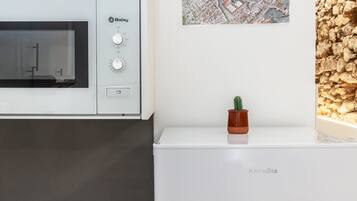 A kitchenette with a built-in oven, a small potted plant, and a welcome pack on the counter.