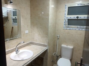 Shower, bidet, towels, soap