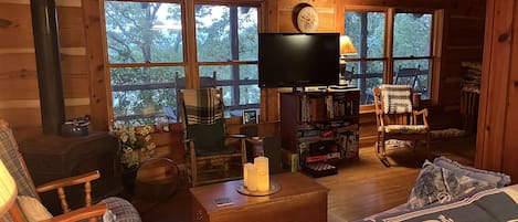 Tv, eldstad, dvd-spelare och böcker