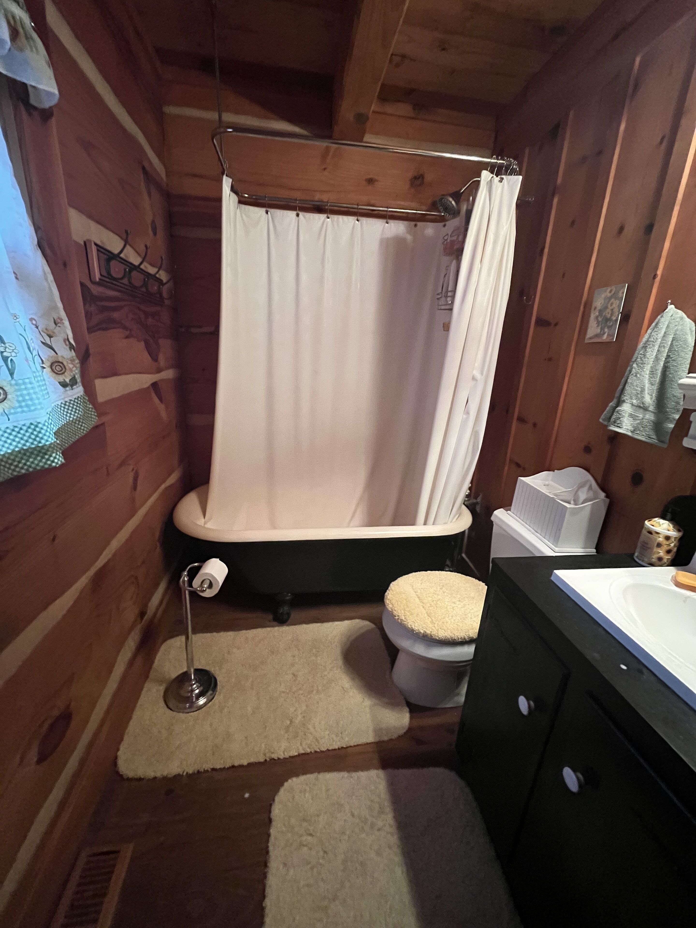 A small, wooden cabin bathroom with a shower curtain, toilet, and sink.