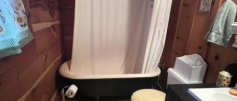 A small, wooden cabin bathroom with a shower curtain, toilet, and sink.