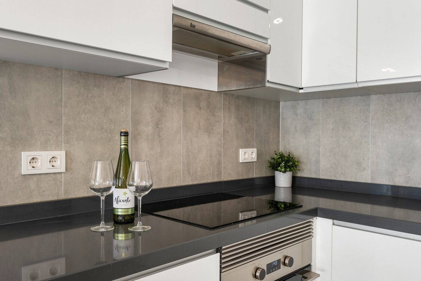 A modern kitchen with a black countertop, stainless steel appliances, and a potted plant.