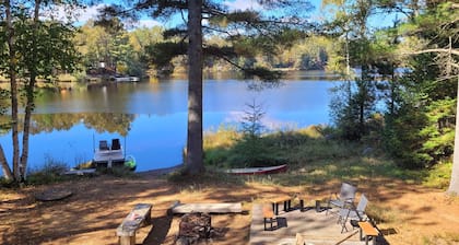 Chalet Jaune au Bord du lac Entouré de Pins Blancs