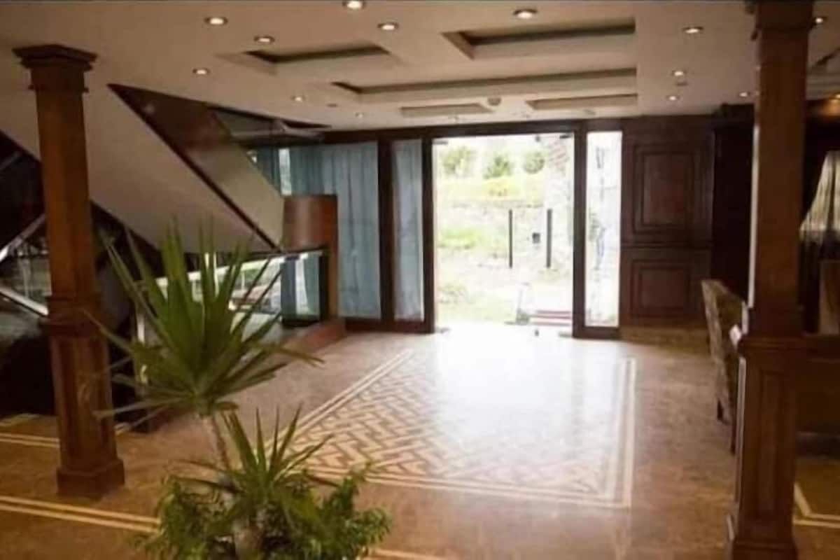 A spacious lobby with a patterned floor, a staircase, and a large potted plant.