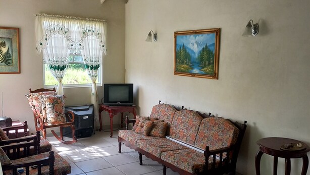 Una sala de estar con un sofá, sillas, un televisor y un cuadro en la pared.