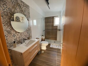 Shower, hair dryer, bidet, towels