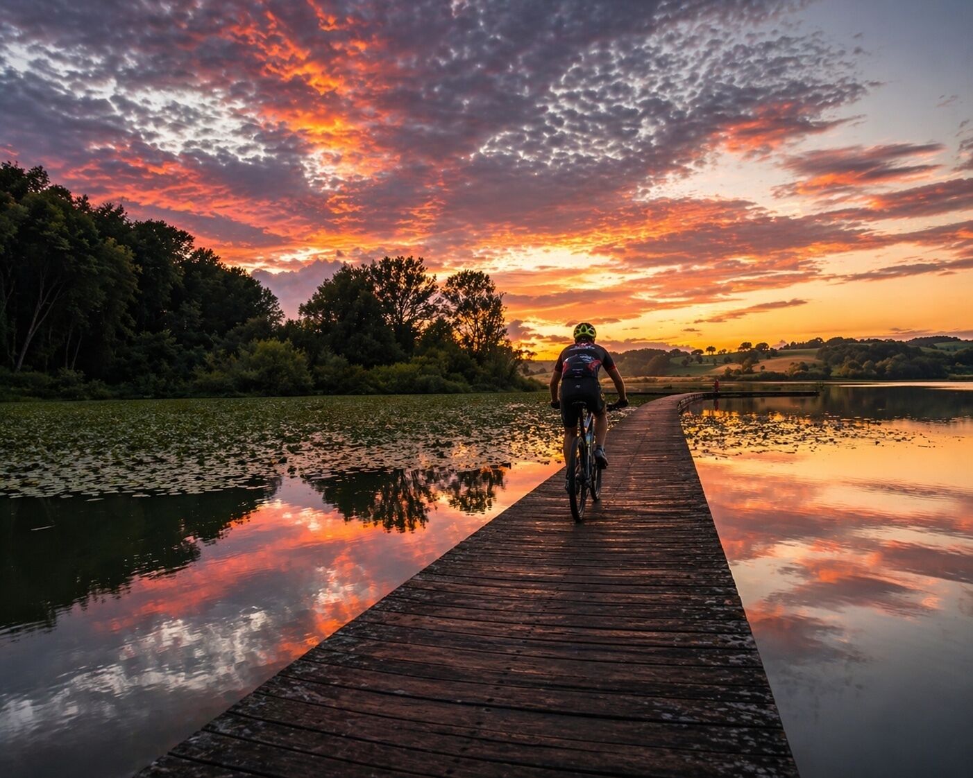 A person riding a bicycle on a wooden pier extending over a body of water, with trees and a sunset in the background.