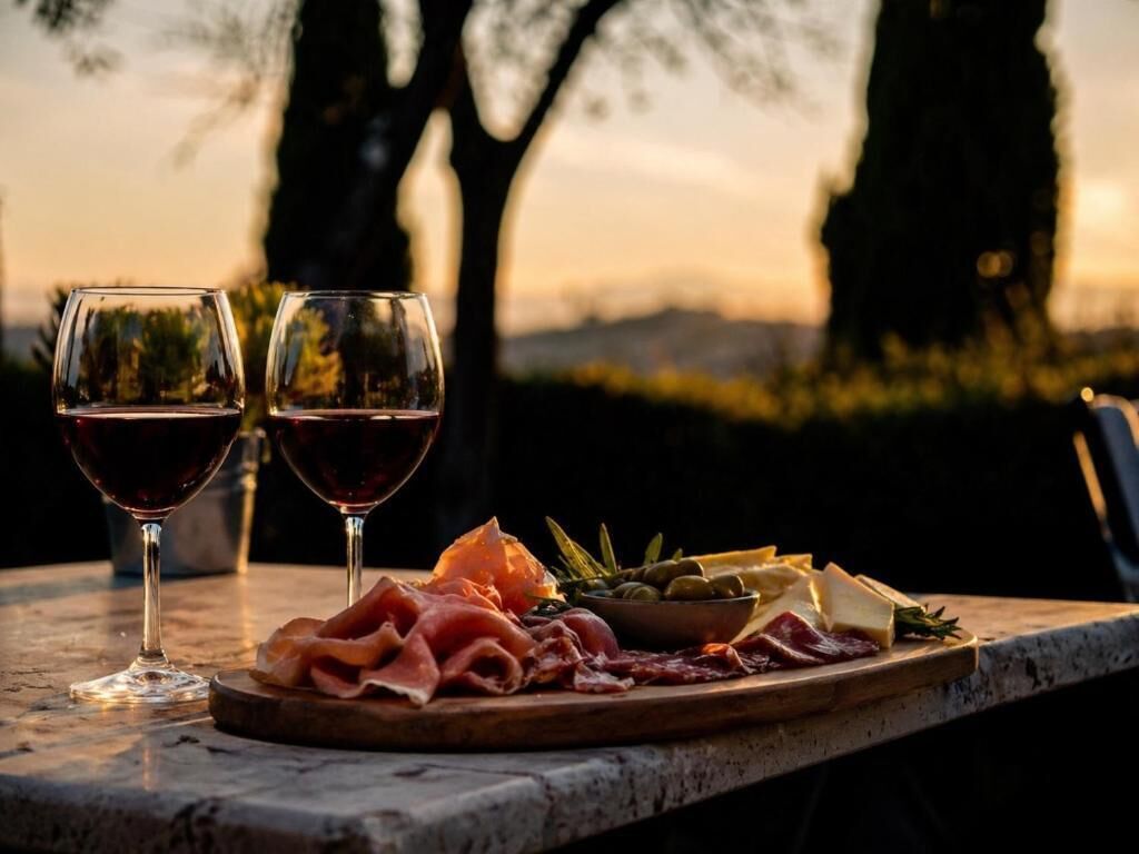 Ein Tisch mit zwei Gläsern Rotwein, verschiedenen Käsesorten, Wurstwaren und Oliven.