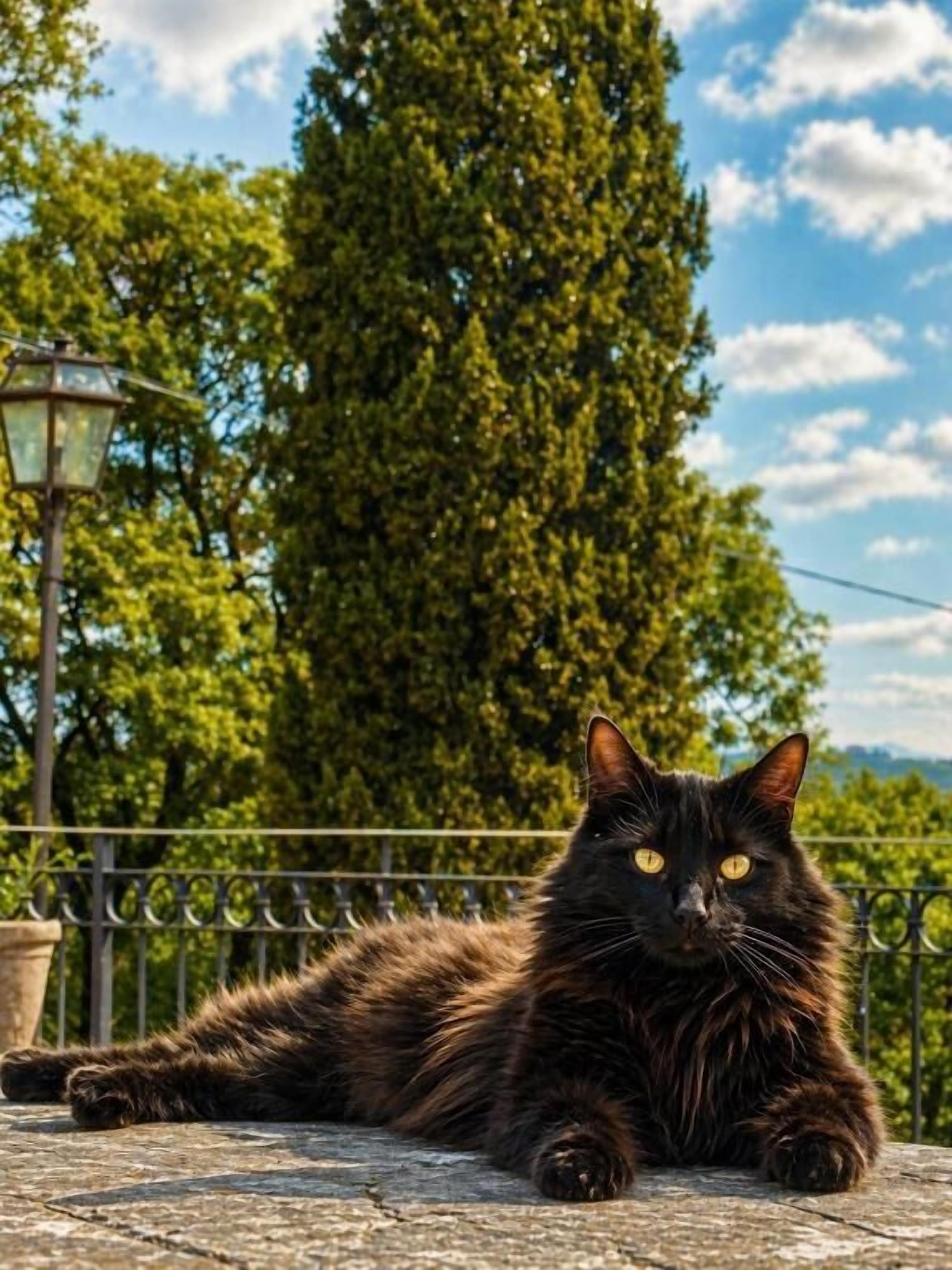 Un gato negro descansando sobre una superficie de piedra con una barandilla metálica y árboles al fondo.