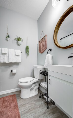 A modern bathroom with a toilet, sink, and mirror. There are towels and plants on the wall.