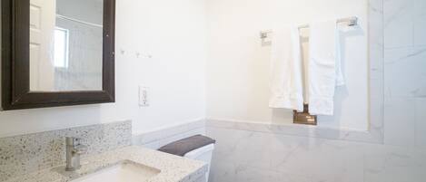 A modern bathroom with a granite countertop sink, a white toilet, and a glass shower enclosure.