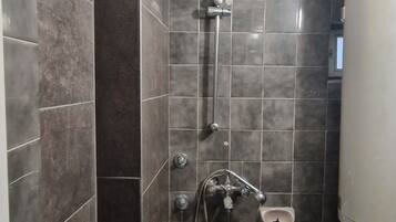 Shower, towels, soap, toilet paper