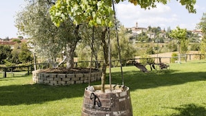 Un espace extérieur rustique, agrémenté d’un jardinière en forme de tonneau en bois contenant un arbre, le tout entouré d’une bordure en pierre et d’une zone herbeuse.