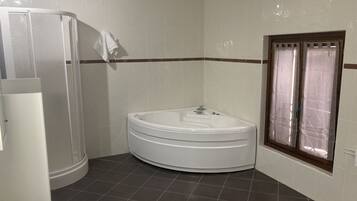 A bathroom with a shower enclosure, a bathtub, and a window with curtains.
