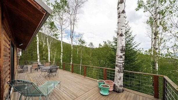 A wooden deck with outdoor furniture, surrounded by birch trees and a view of a forested hillside. - Cozy Lakeview Cabin outside Jackson Hole
Pallisades Reservoir (Irwin)
