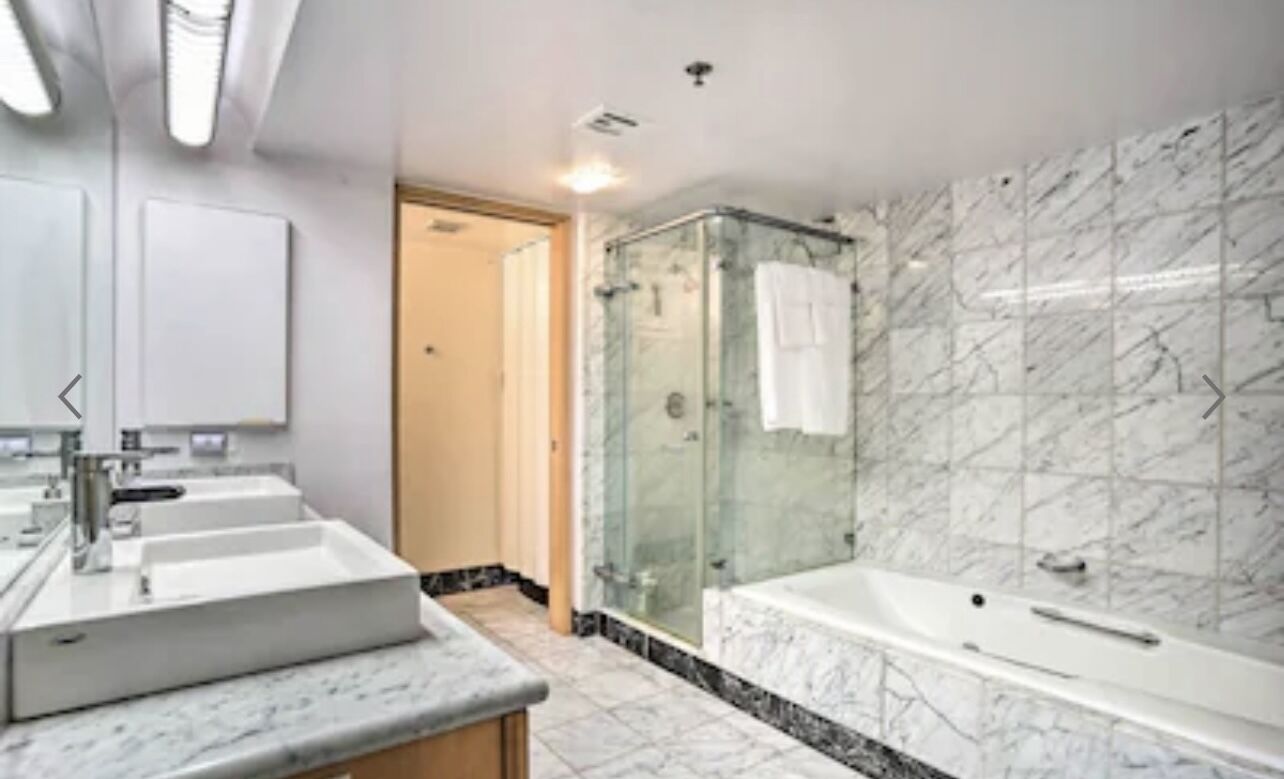 Jetted tub, hair dryer, bidet, towels