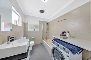 Hair dryer, towels, soap, shampoo