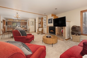 Smart TV, fireplace, foosball, table tennis