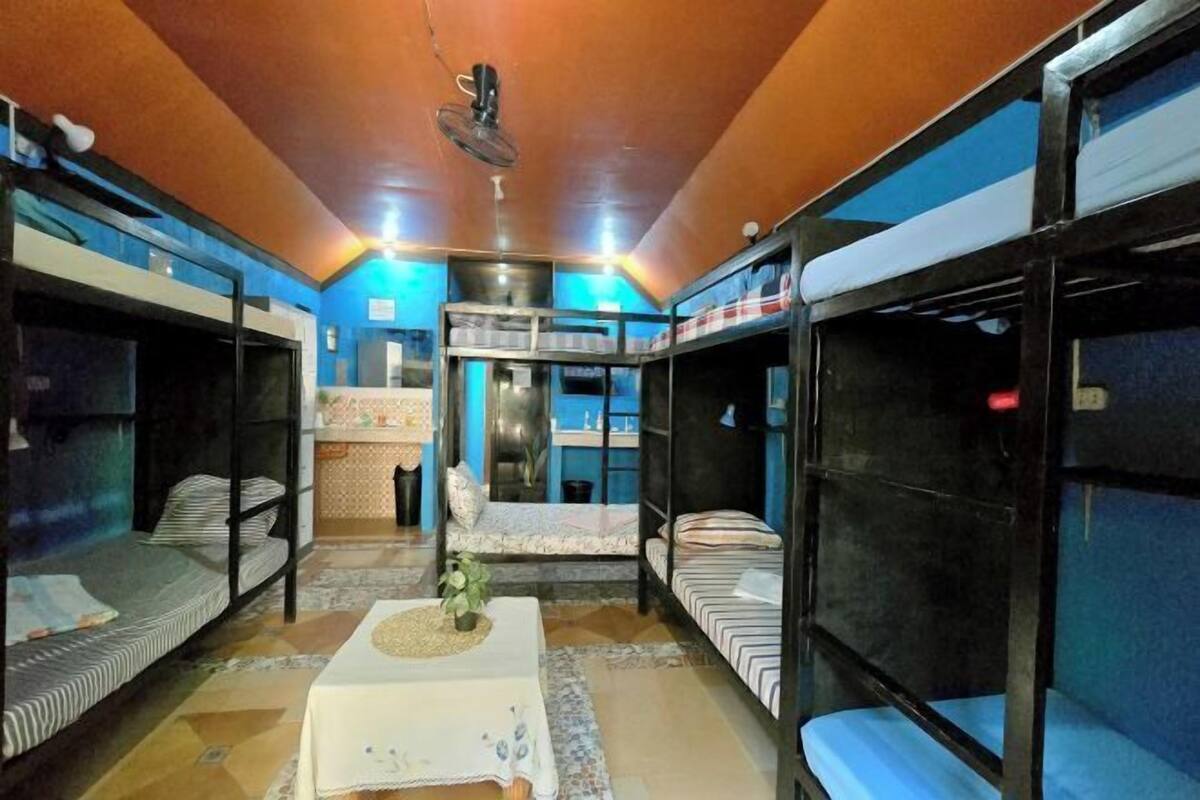 A room with bunk beds, a fan, a table with a vase, and a window.