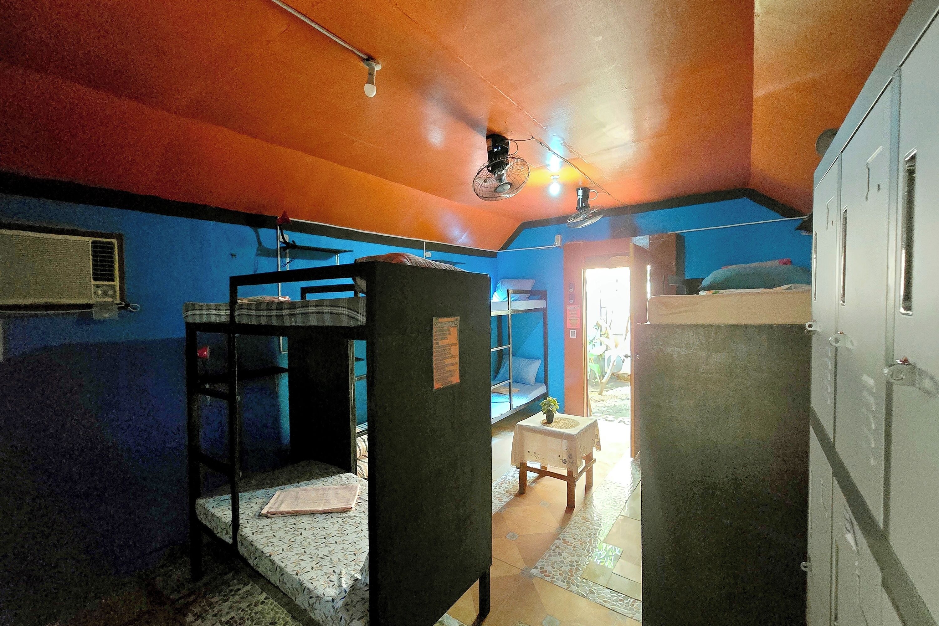 A dormitory room with bunk beds, a small table with a plant, and a window with a view.