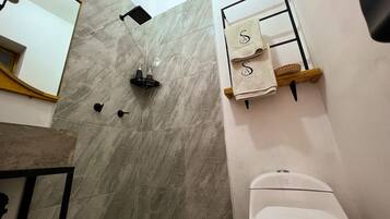 A bathroom with a shower, toilet, and towel rack.