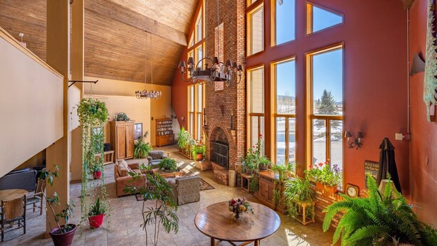 Un salón amplio con chimenea, ventanas grandes y diversas plantas.