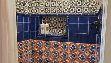 Hair dryer, towels, soap, shampoo