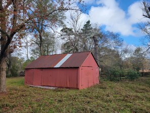 A red barn with a corrugated metal roof, surrounded by trees and grass. - Antique 2 story home on 160 Acres (New Ulm)