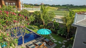 Zona de piscina con sillones de descanso y una sombrilla azul, rodeada de exuberante vegetación y vistas a terrazas de arroz.