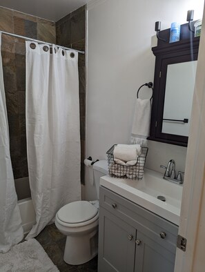 Hair dryer, towels, soap, shampoo