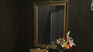 Ein Badezimmer mit einem weißen Waschbecken, einem spiegel mit goldener Rahmen und einer Blumenvase.
