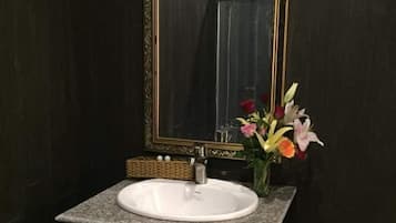 Combined shower/tub, rainfall showerhead, free toiletries, hair dryer
