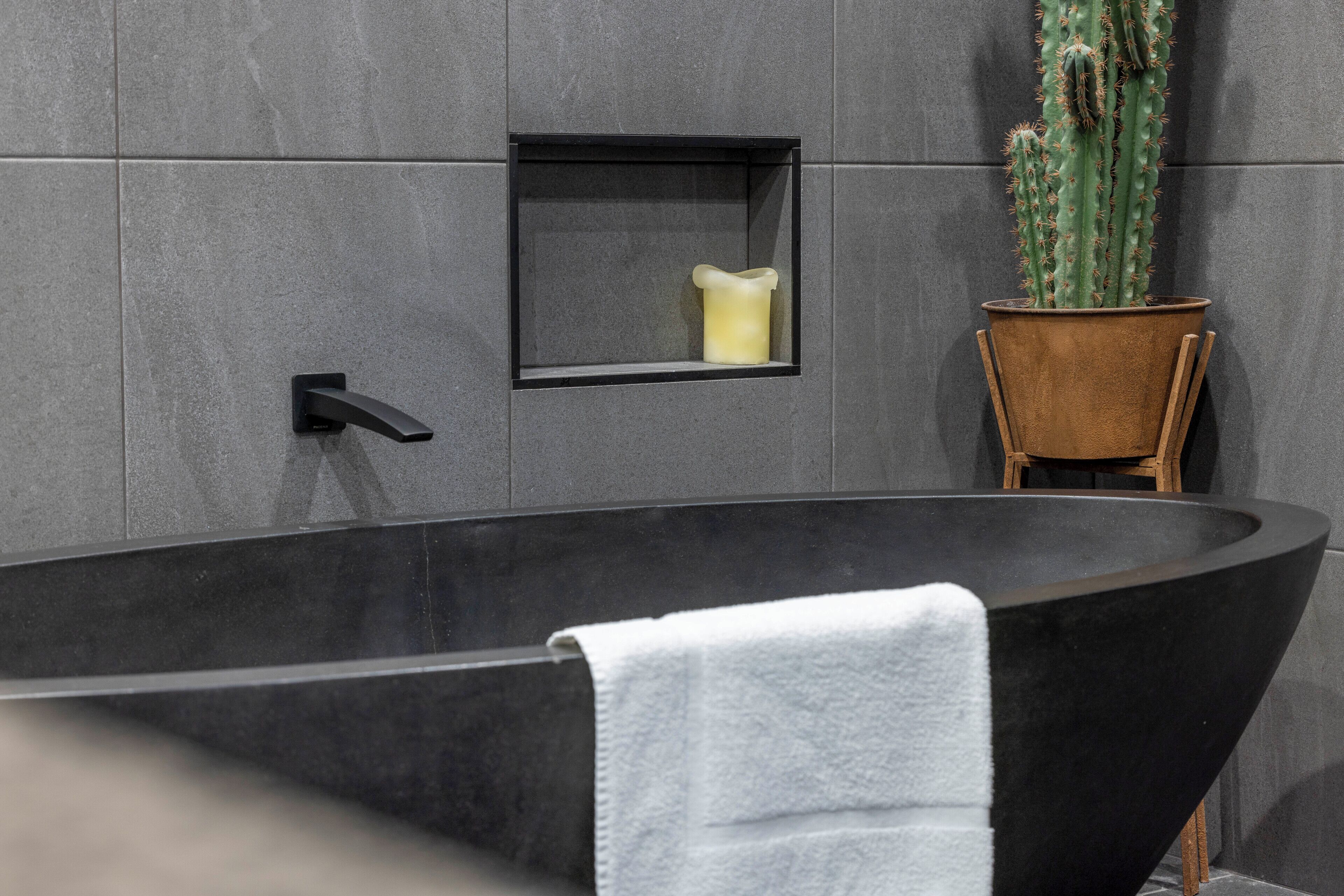 Un bagno moderno con una vasca da bagno freestanding nera, un piccolo specchio e una pianta di cactus.